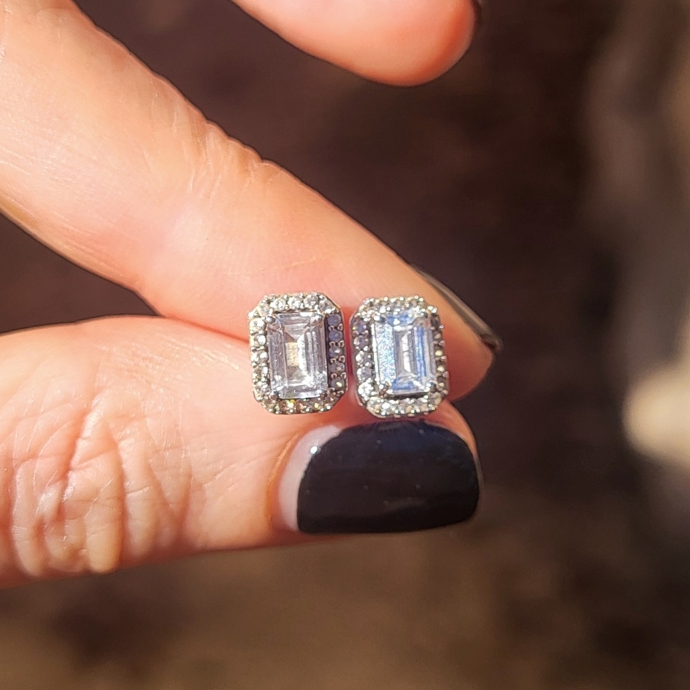 Sterling Silver White Topaz Emerald Shape Earrings